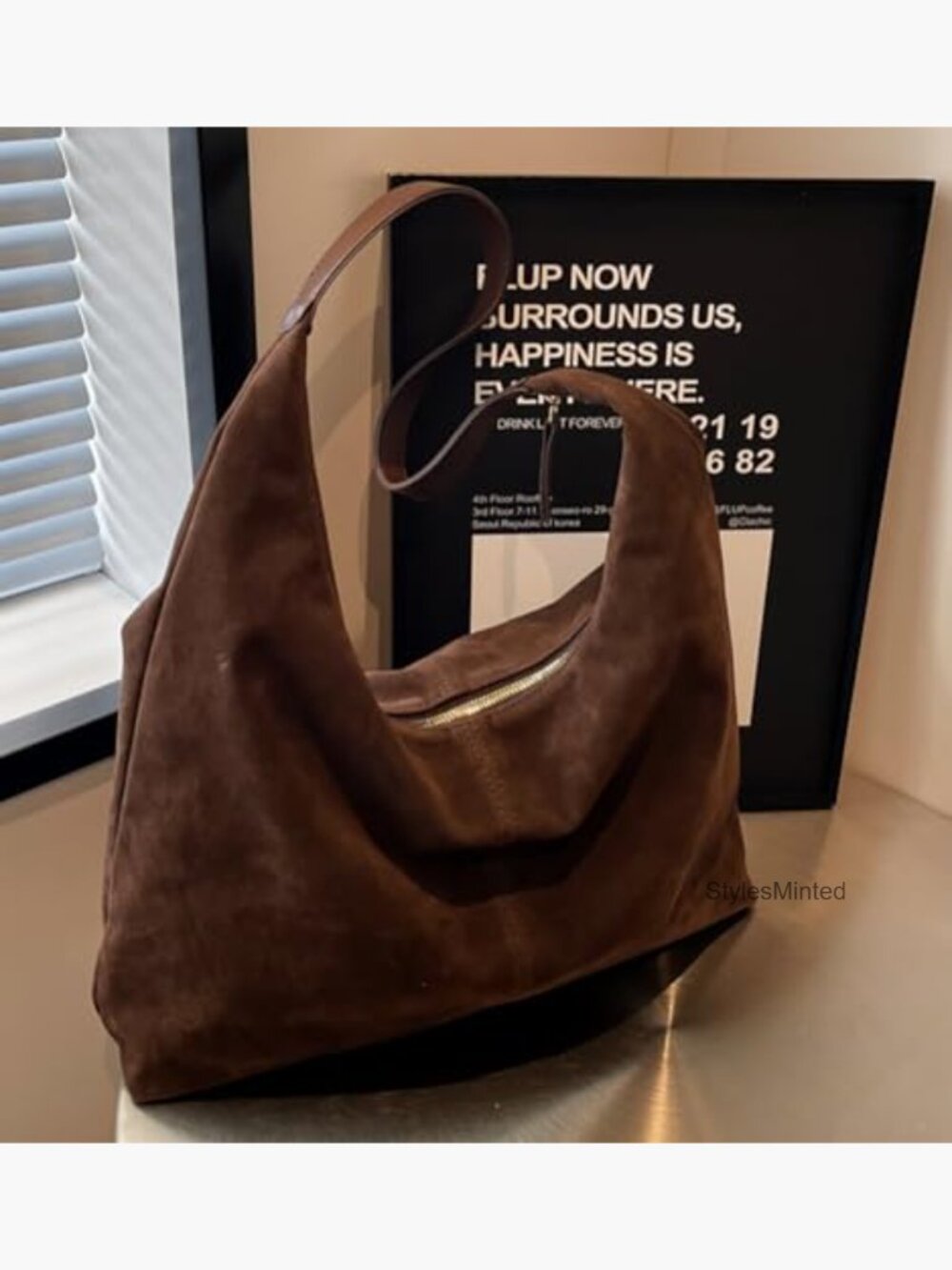 Large Faux Suede Crescent Hobo Bag with Zipper Closure - Picture 4 of 7